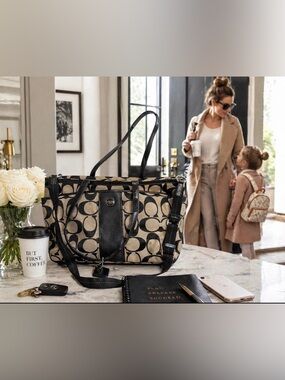 Coach Tan and Black Signature Canvas Tote/ multifunction bag